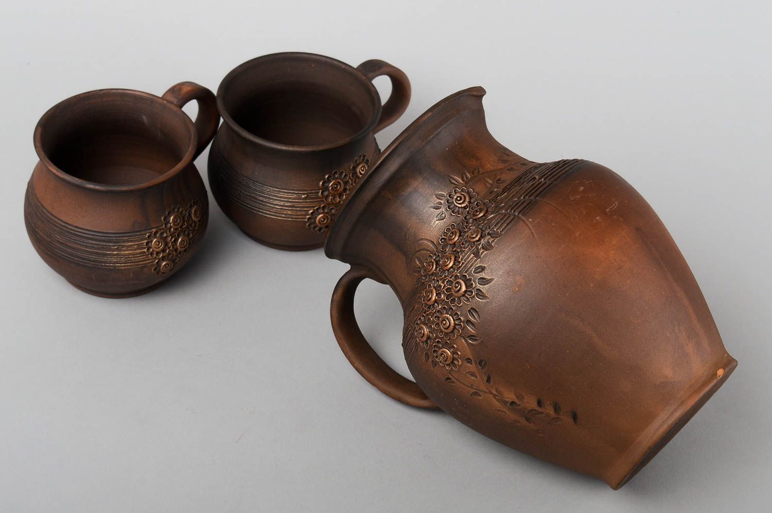 60 oz clay brown milk pitcher with two cups gift handmade pottery 9 inches, 3,5 lb photo 4