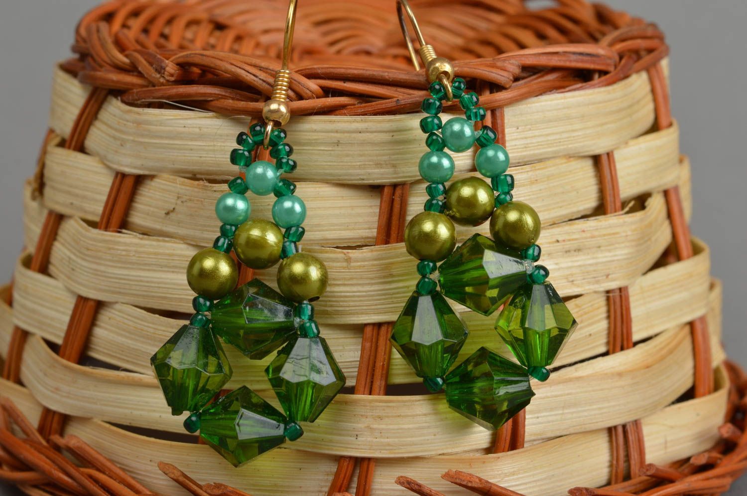 Handmade green drop earrings unique beaded jewelry present for girlfriend photo 1