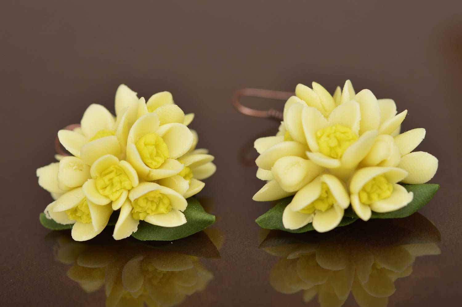 Festive handmade yellow unusual earrings made of polymer clay Bouquet photo 2