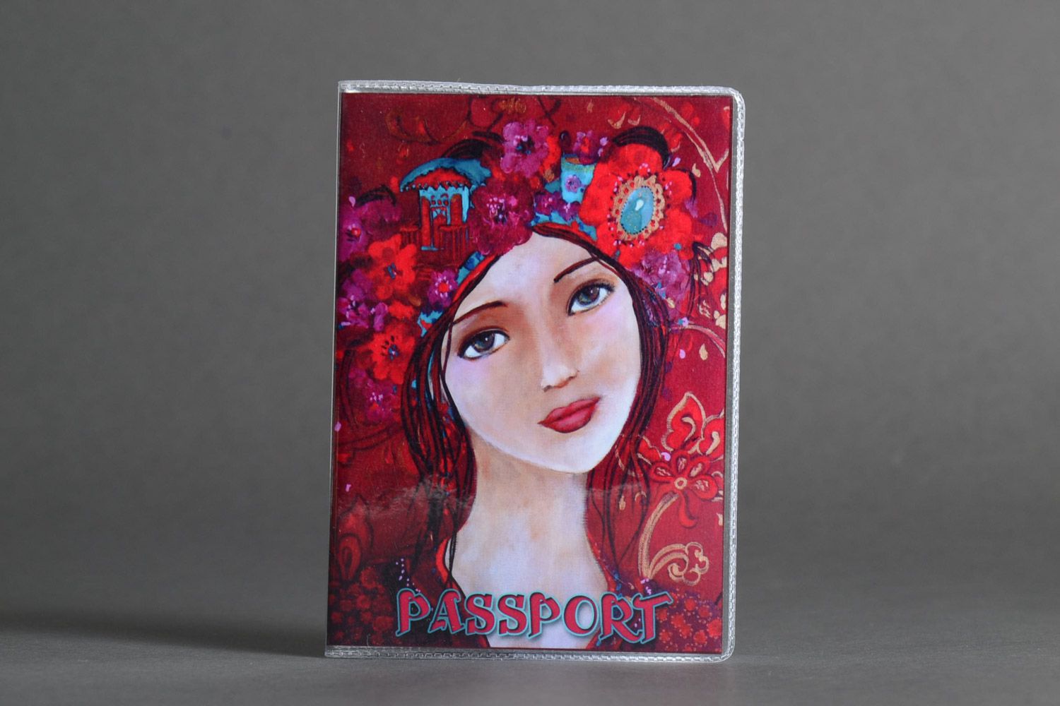 Handmade passport cover with photo print of girl in red color palette for women photo 1