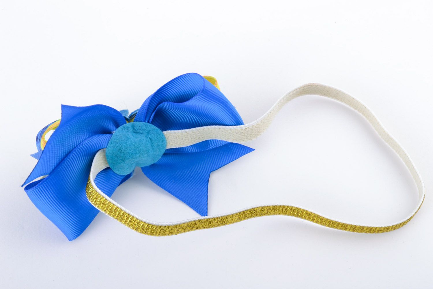 Banda para el cabello artesanal con lazo de cintas de raso de colores azul y amarillo foto 3