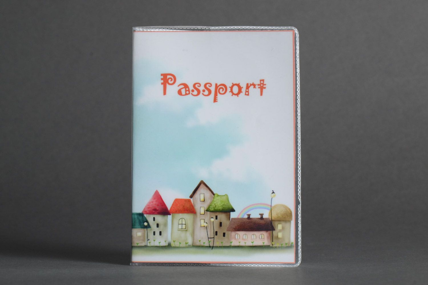 Magnificent handmade plastic passport cover with houses in light color palette photo 1
