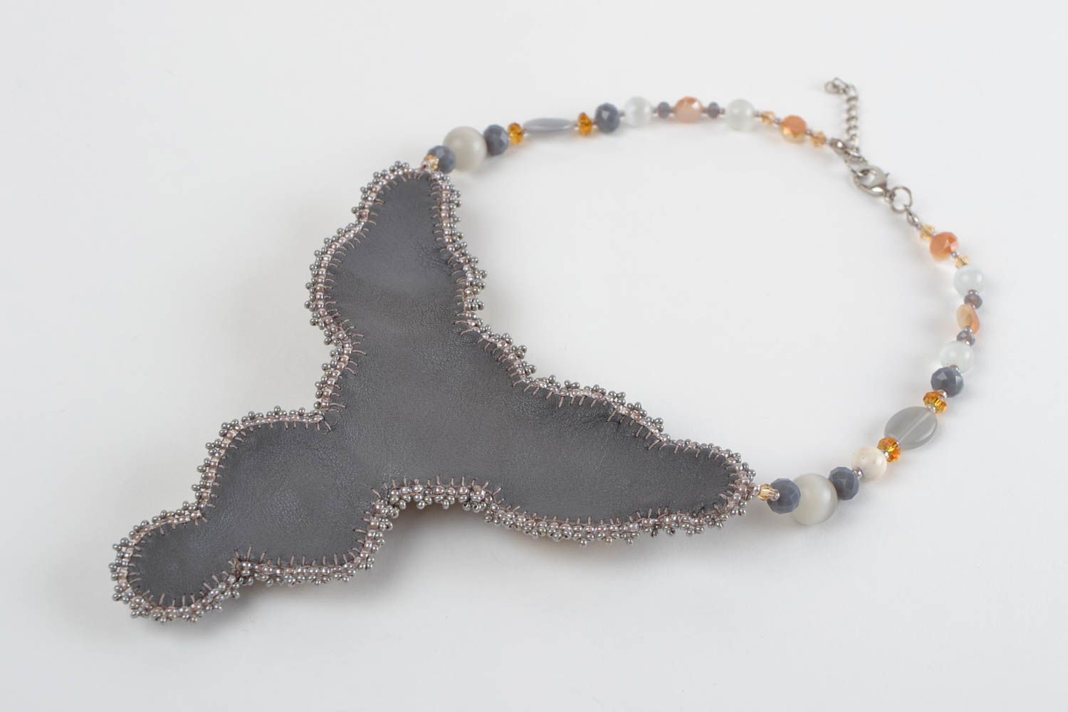 Unusual beautiful gray handmade designer beaded necklace with natural stones photo 5