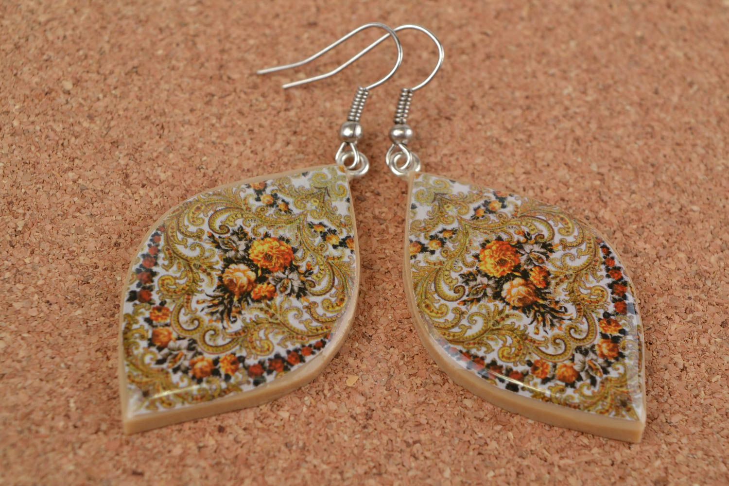 Beautiful handmade designer unusual plastic drop earrings with decoupage photo 1