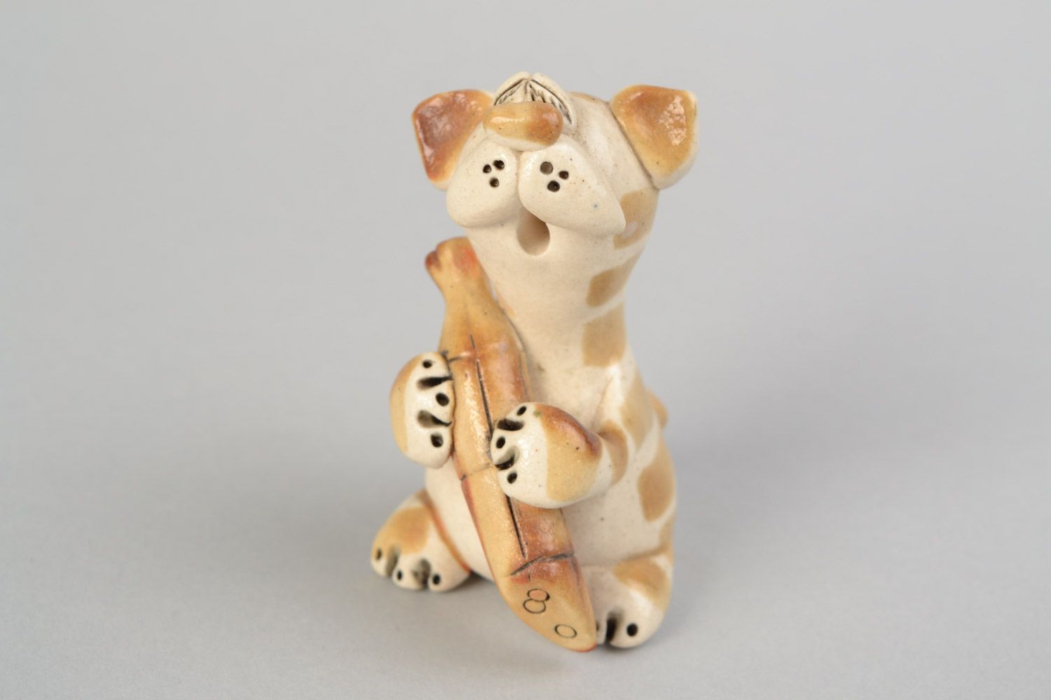 Handmade ceramic cat with sausage painted with colored glaze interior decor photo 4