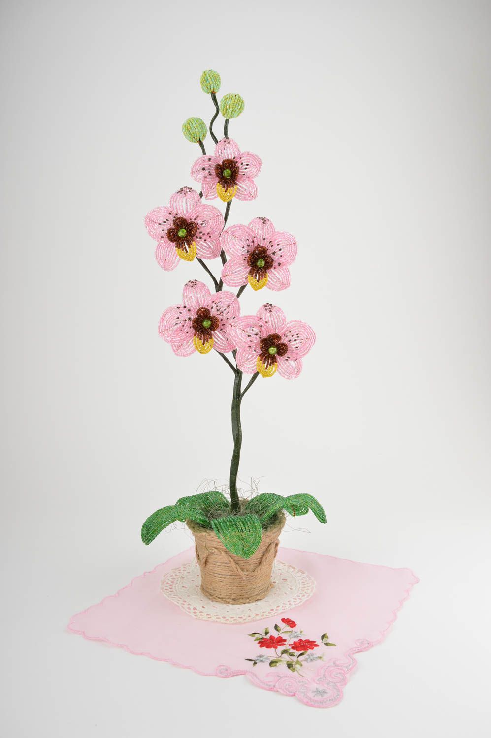 Композиция из бисера ручной работы розовая орхидея из бисера цветок из бисера фото 1