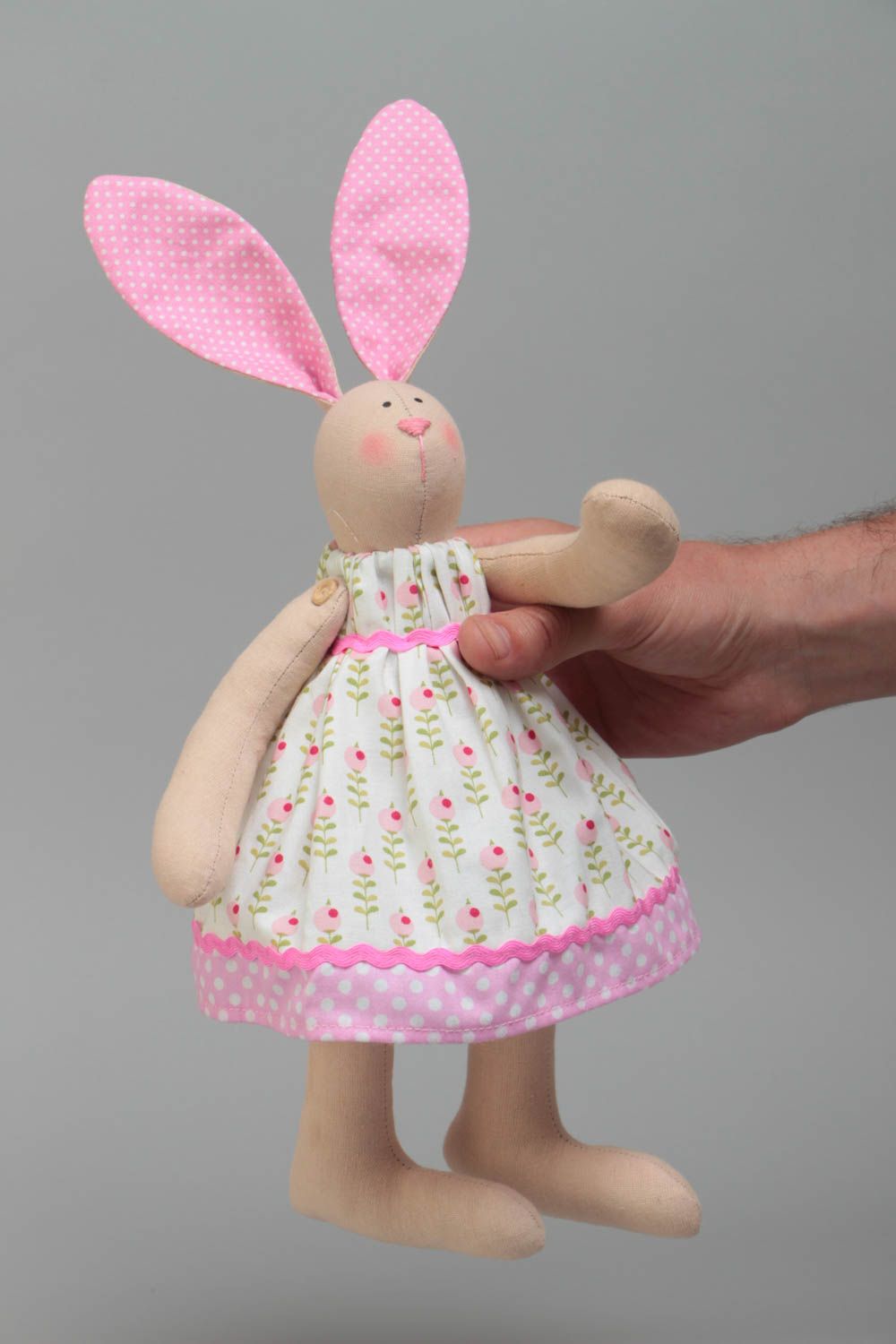 Handmade cotton fabric soft toy rabbit in floral dress with pink polka dot ears photo 5