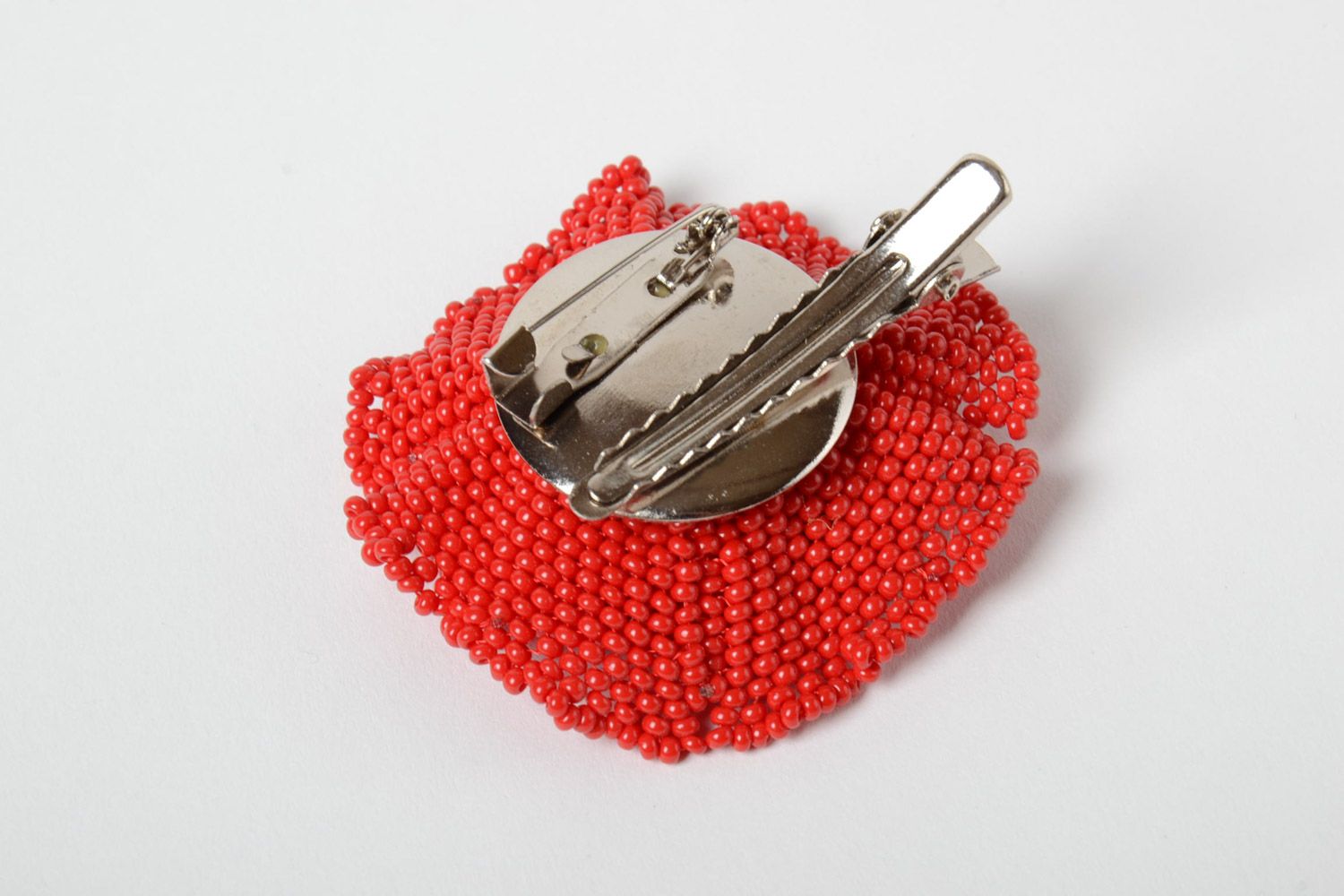 Handmade hair clip brooch with bright red poppy flower woven of Czech beads photo 5
