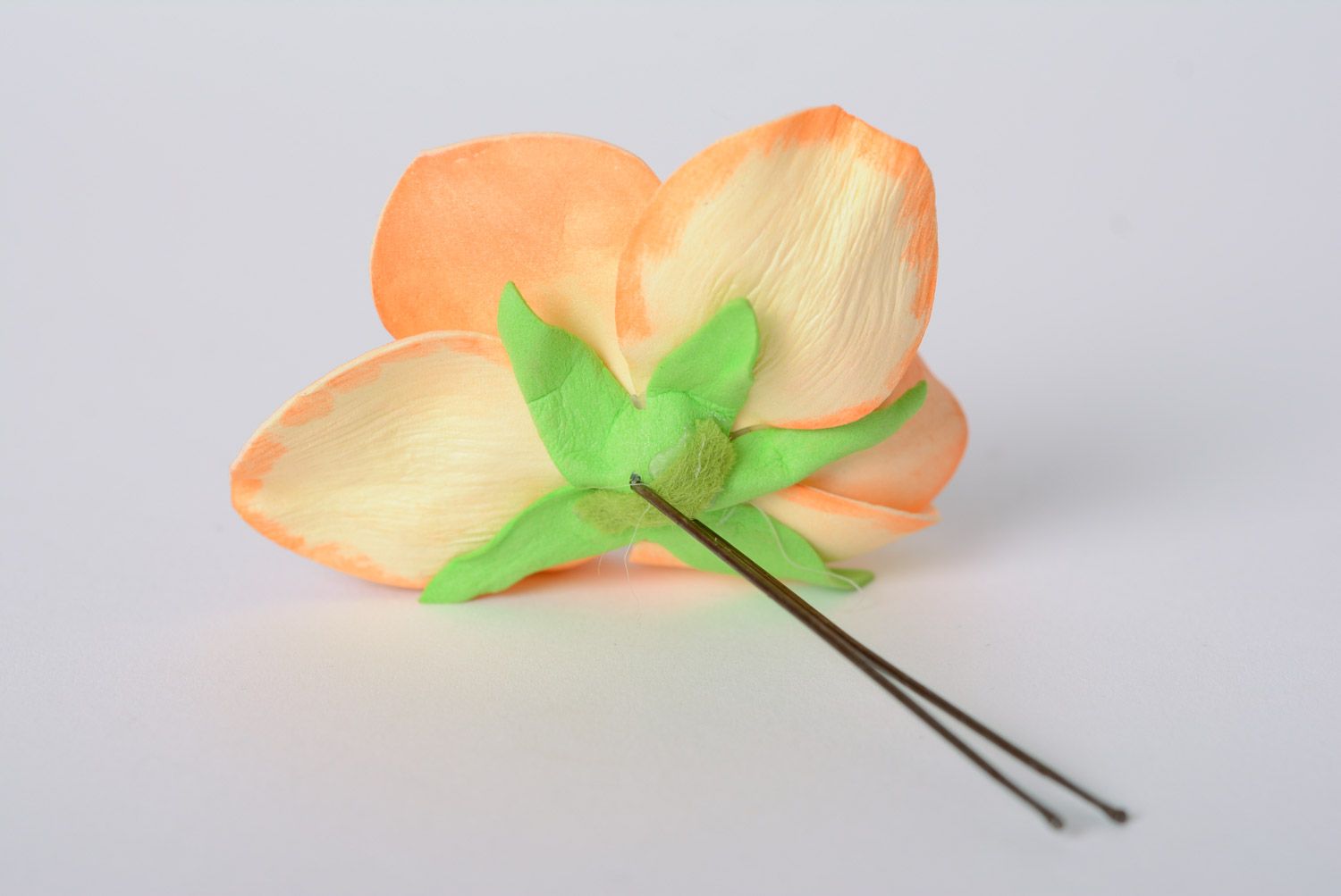 Handmade beautiful orange plastic hair pin made of suede and foamiran orchid flower photo 5