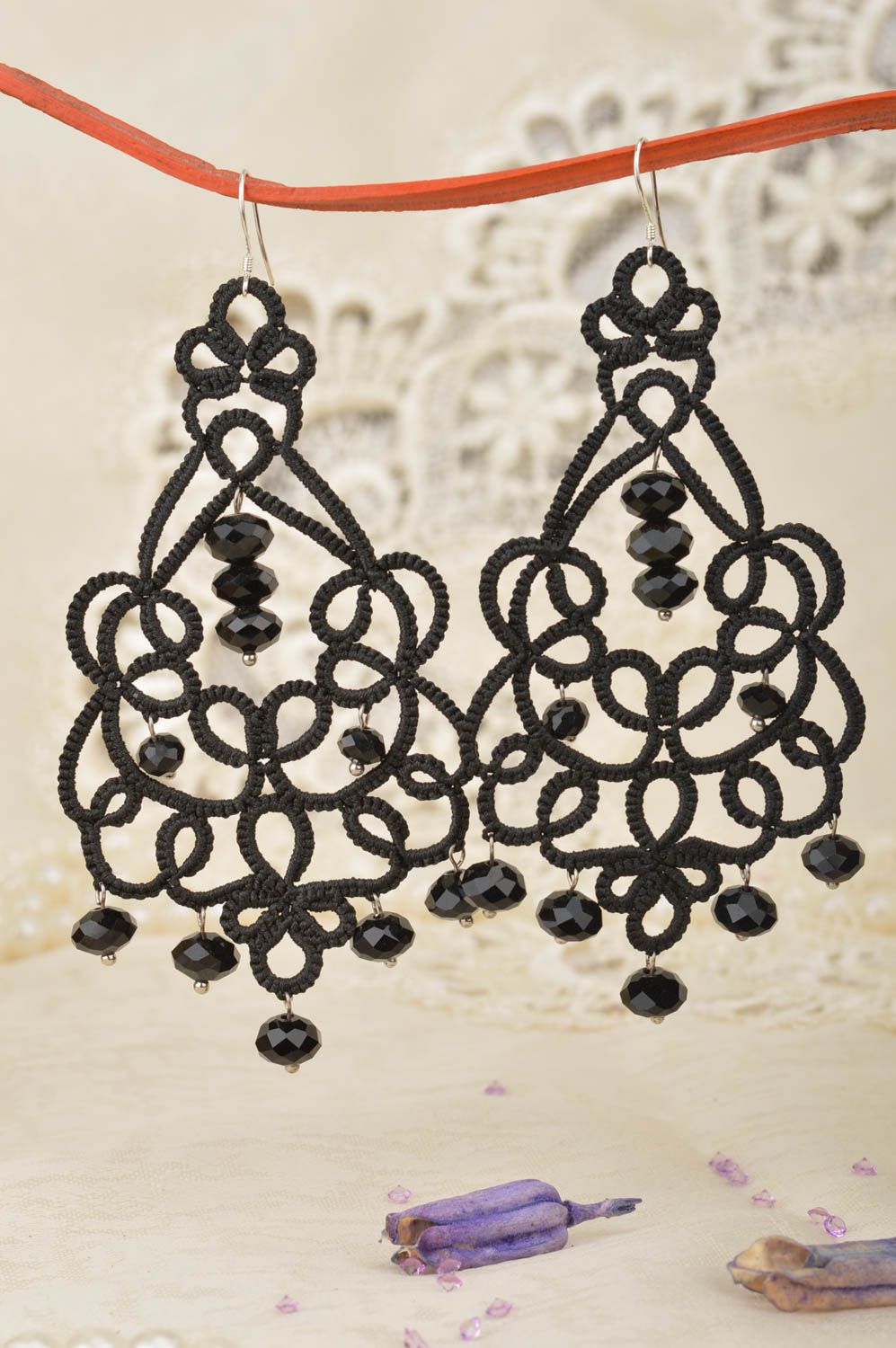 Handmade festive evening lace drop tatted black earrings with faceted crystals photo 1