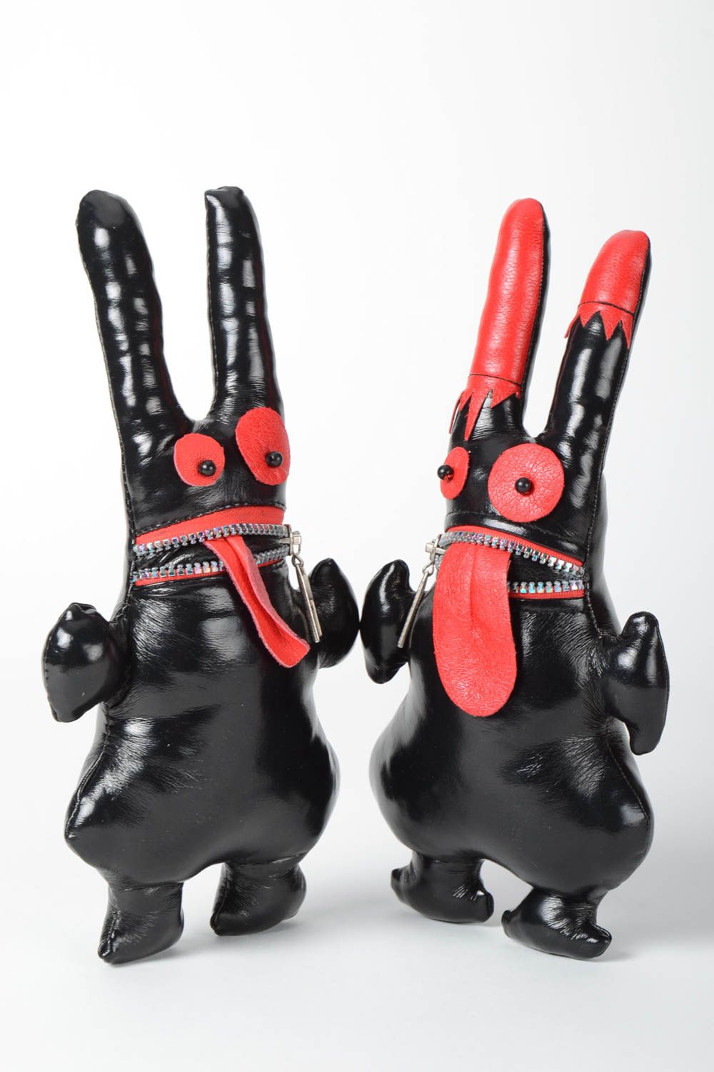 Jouets enfant fait main 2 Peluches animaux de cuir noir et rouge Cadeau original photo 2