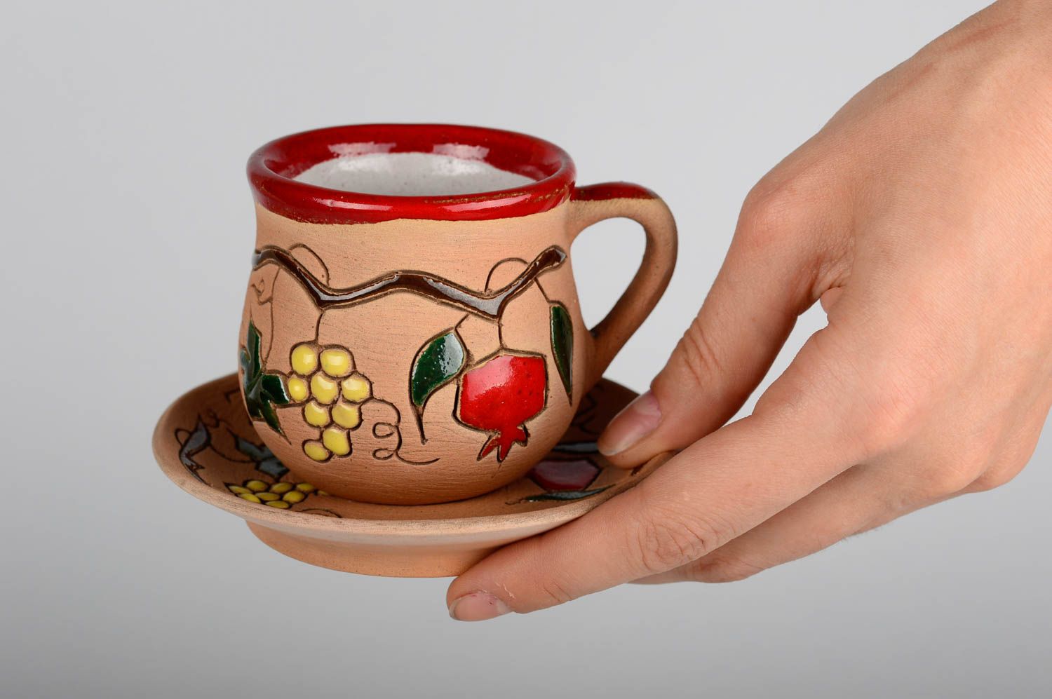 Handmade Tasse mit Untertasse Keramik Geschirr Schöne Kaffeetasse Granatapfel foto 1
