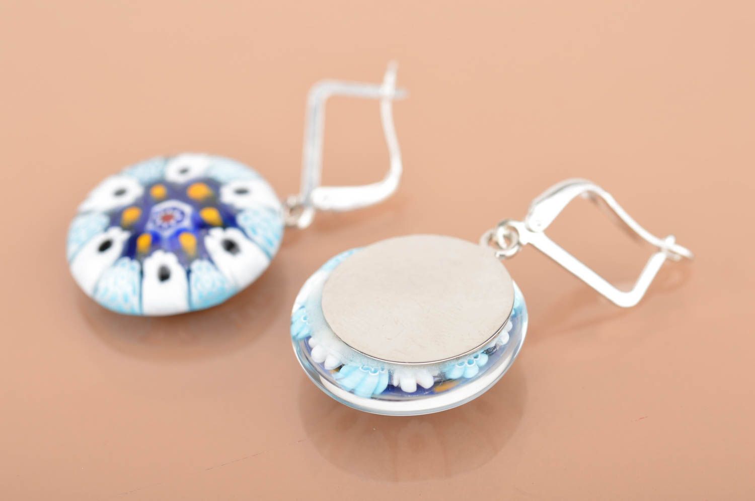 Handmade murano glass round dangle earrings blue with yellow dots photo 4