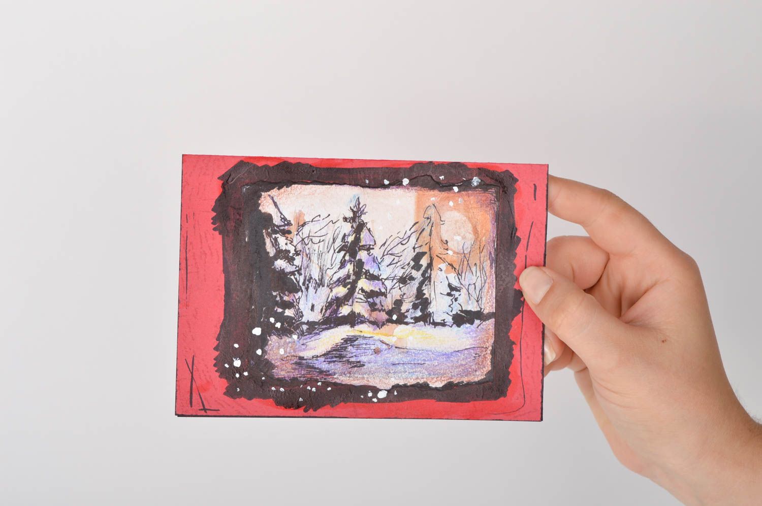 Carte de voeux de Noël Nouvel An faite main rouge avec sapins Petit cadeau photo 5