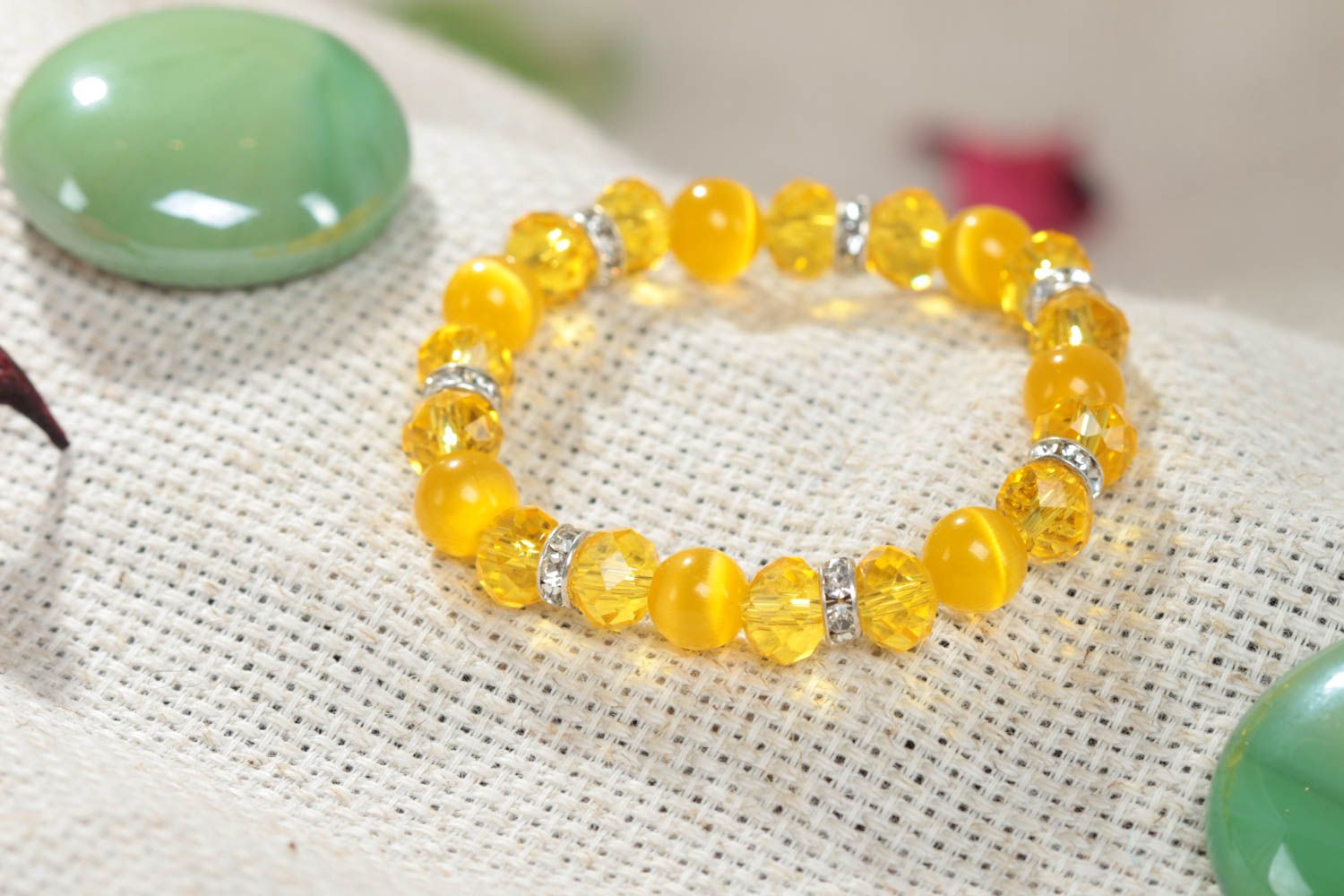 Beautiful bright yellow handmade children's glass bead bracelet unusual design photo 1