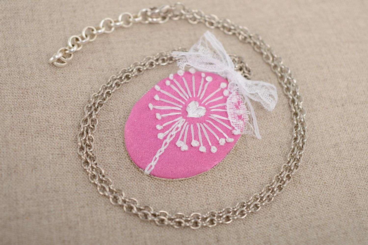 Beautiful gentle pink embroidered pendant photo 1