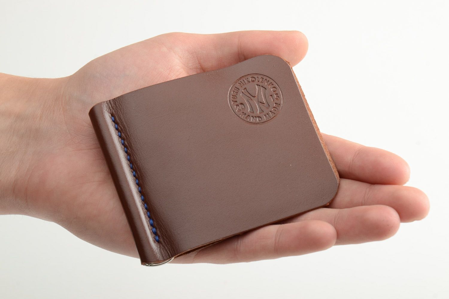 Portefeuille avec pince à billets brun vrai cuir compartiment monnaies fait main photo 5
