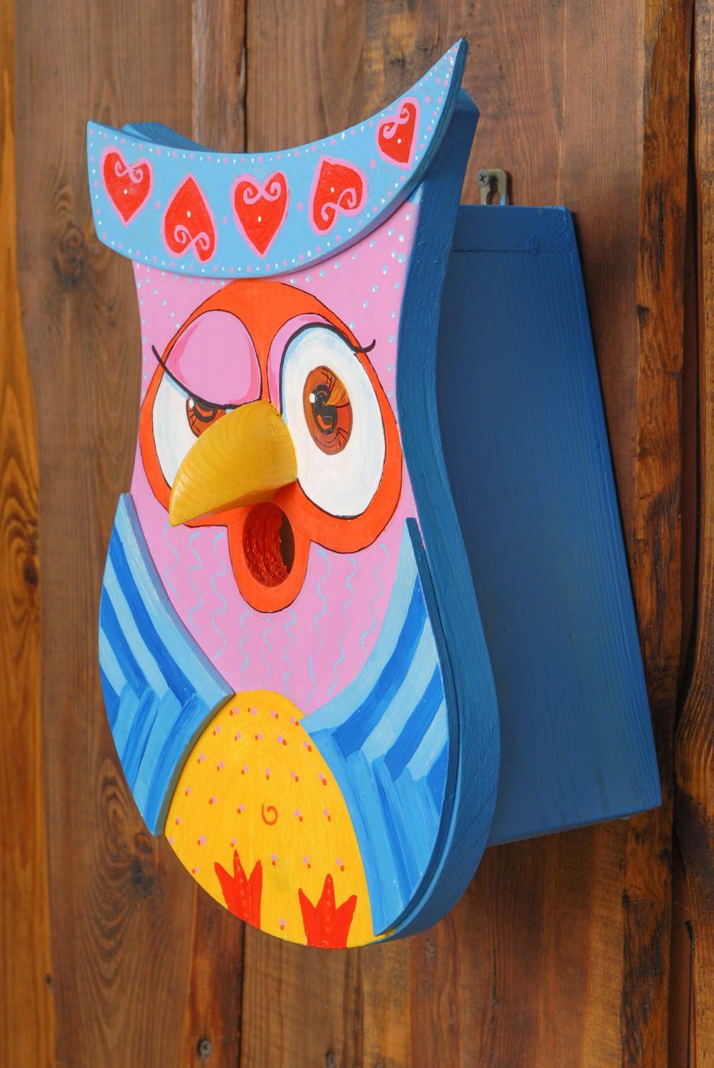Nichoir pour oiseaux en bois fait main original peint multicolore Hibou photo 1