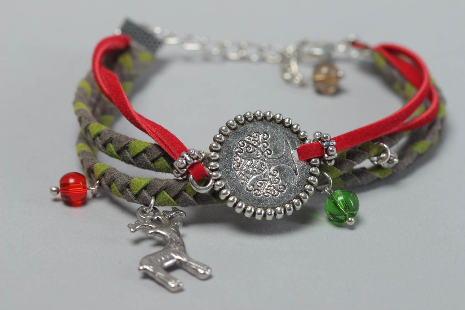 Handmade bracelet with charms woven leather accessory thin beautiful jewelry photo 3