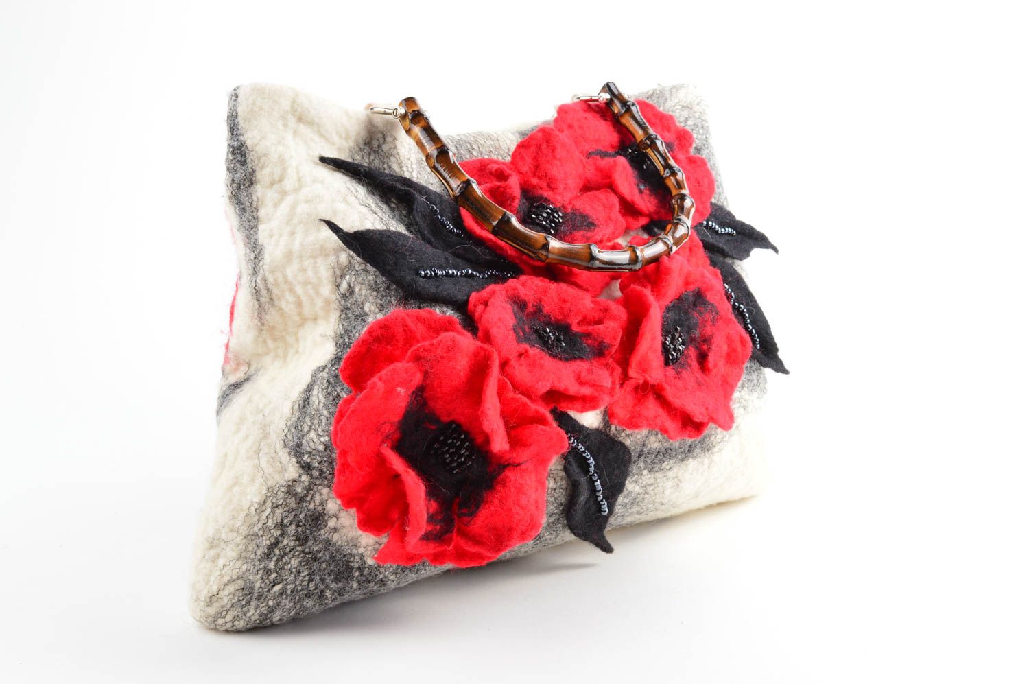 Women handbag white designer felted bag with poppies stylish handmade bag photo 1