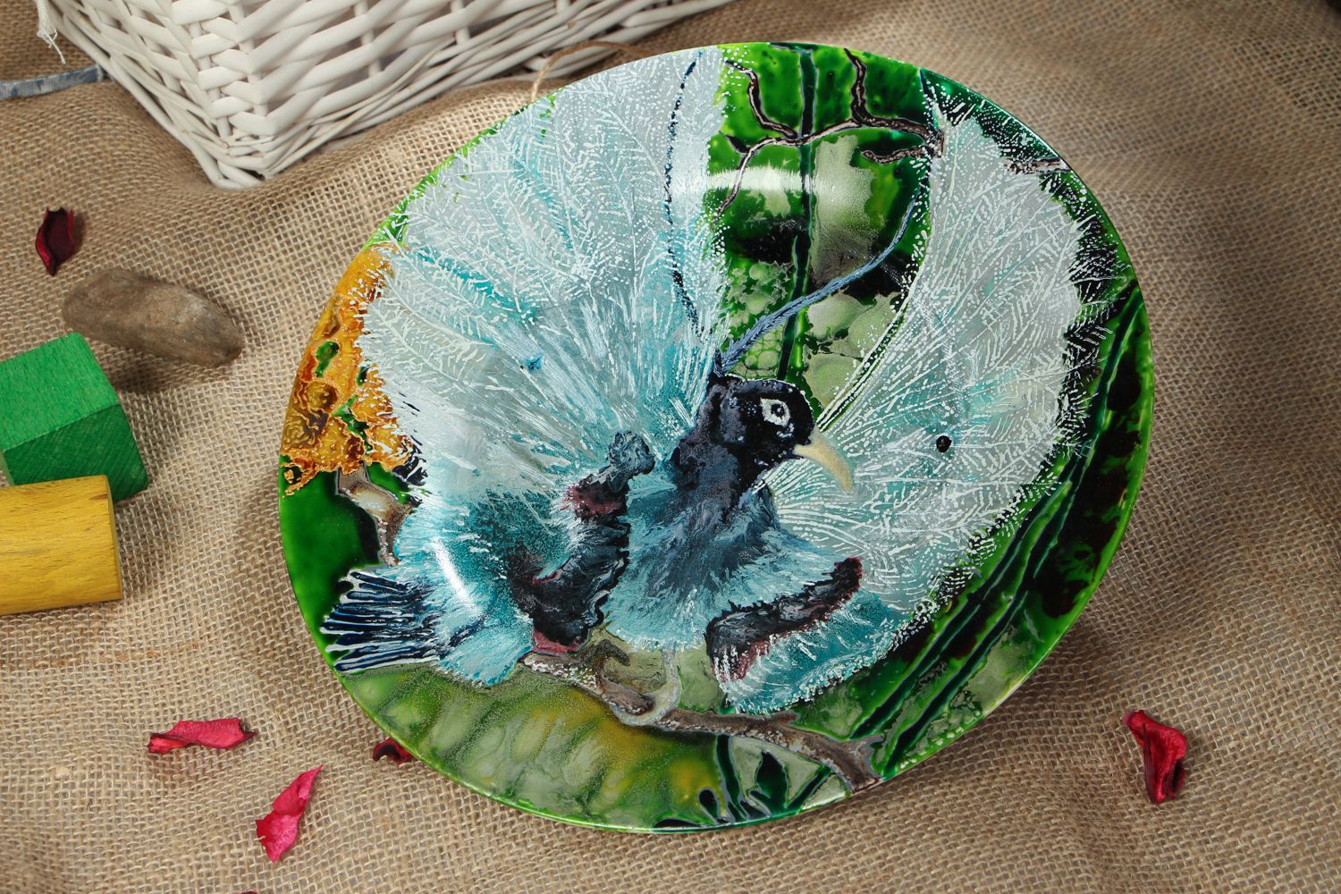 Декоративная стеклянная тарелка расписная Птица фото 5