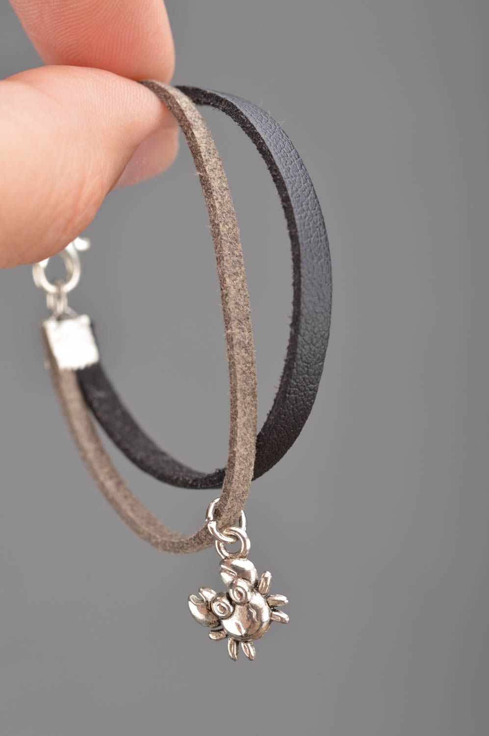 Handmade designer genuine leather cord bracelet black and beige with metal charm photo 5