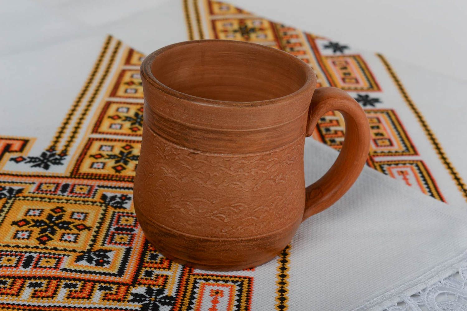 8 oz clay terracotta Mexican cup with handle and rustic pattern photo 1