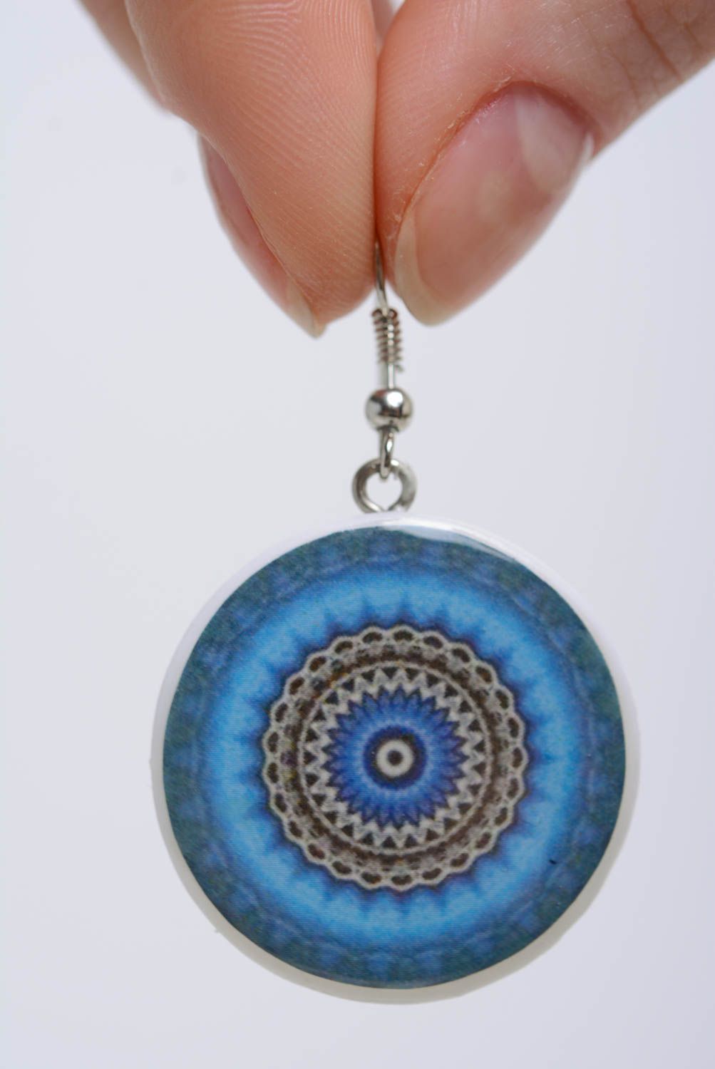 Handmade blue round dangling polymer clay decoupage earrings with ornament photo 4