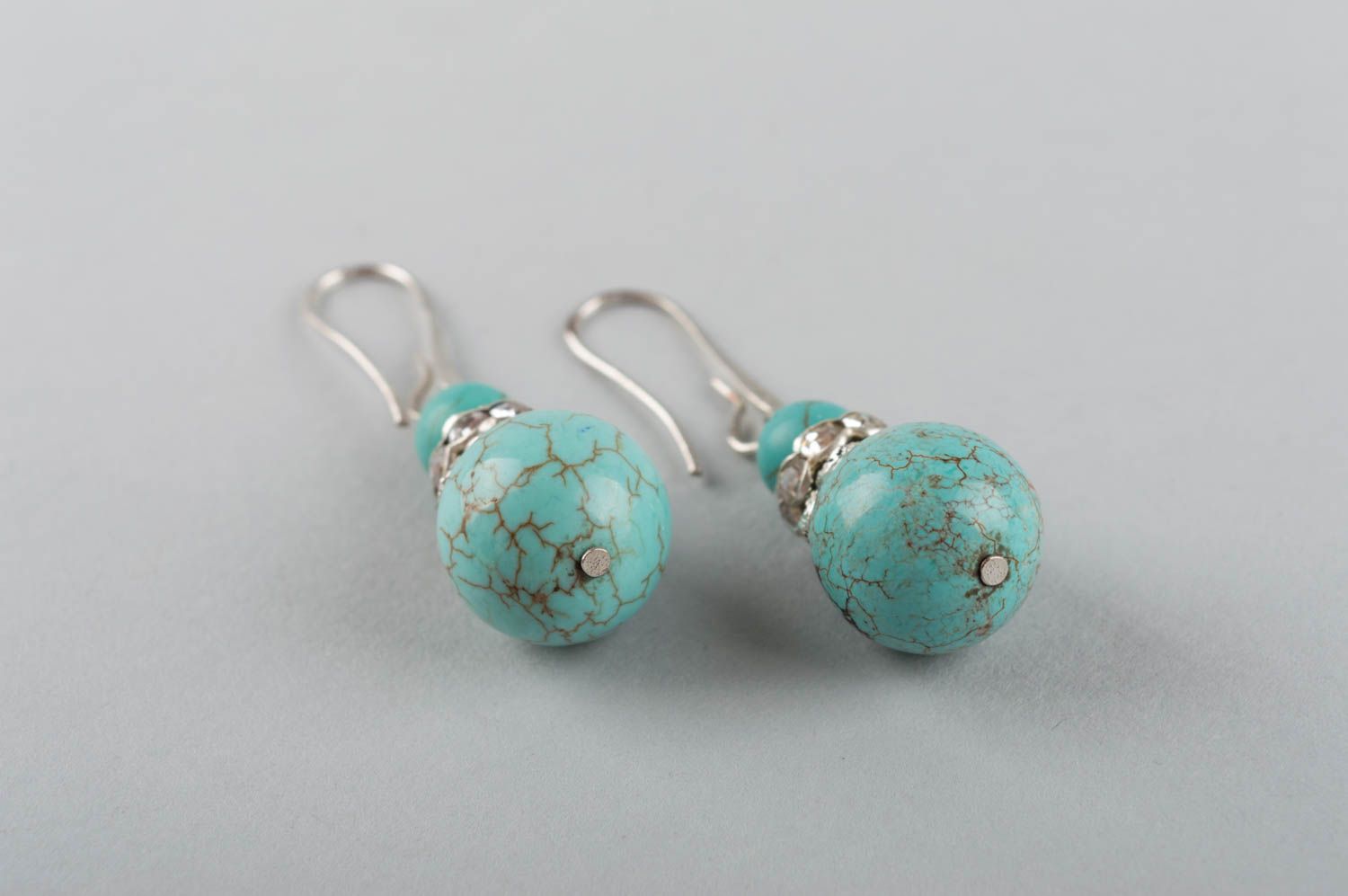 Unusual handmade designer brass earrings with natural turquoise stone beads photo 3