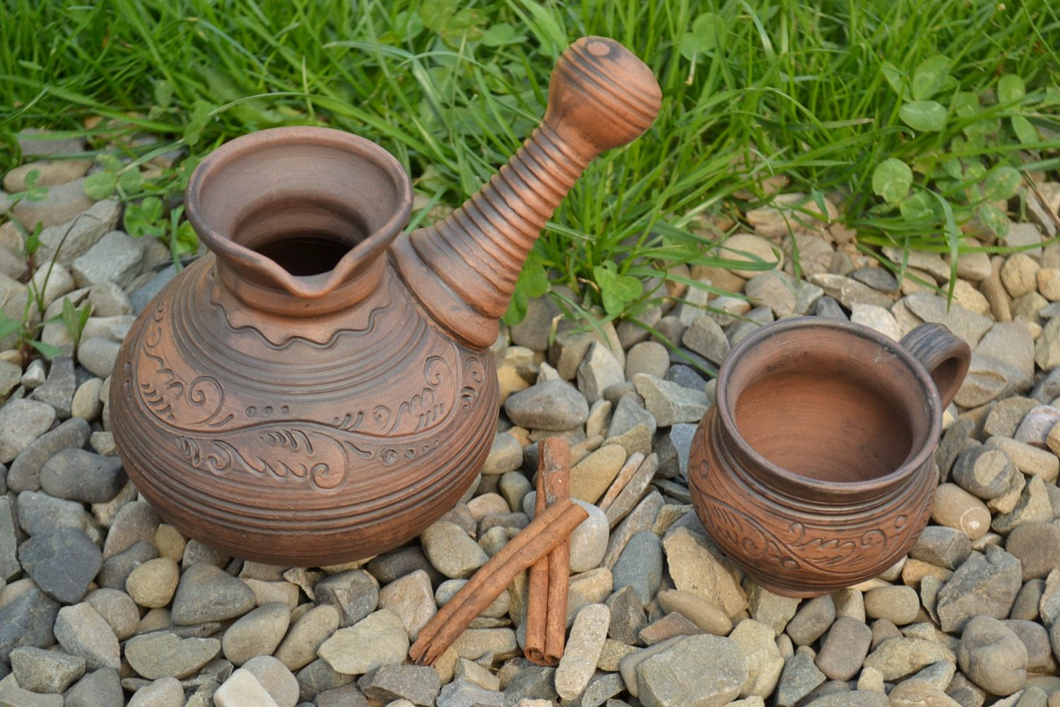 Handmade clay pottery set with coffee Turk and coffee cup photo 1