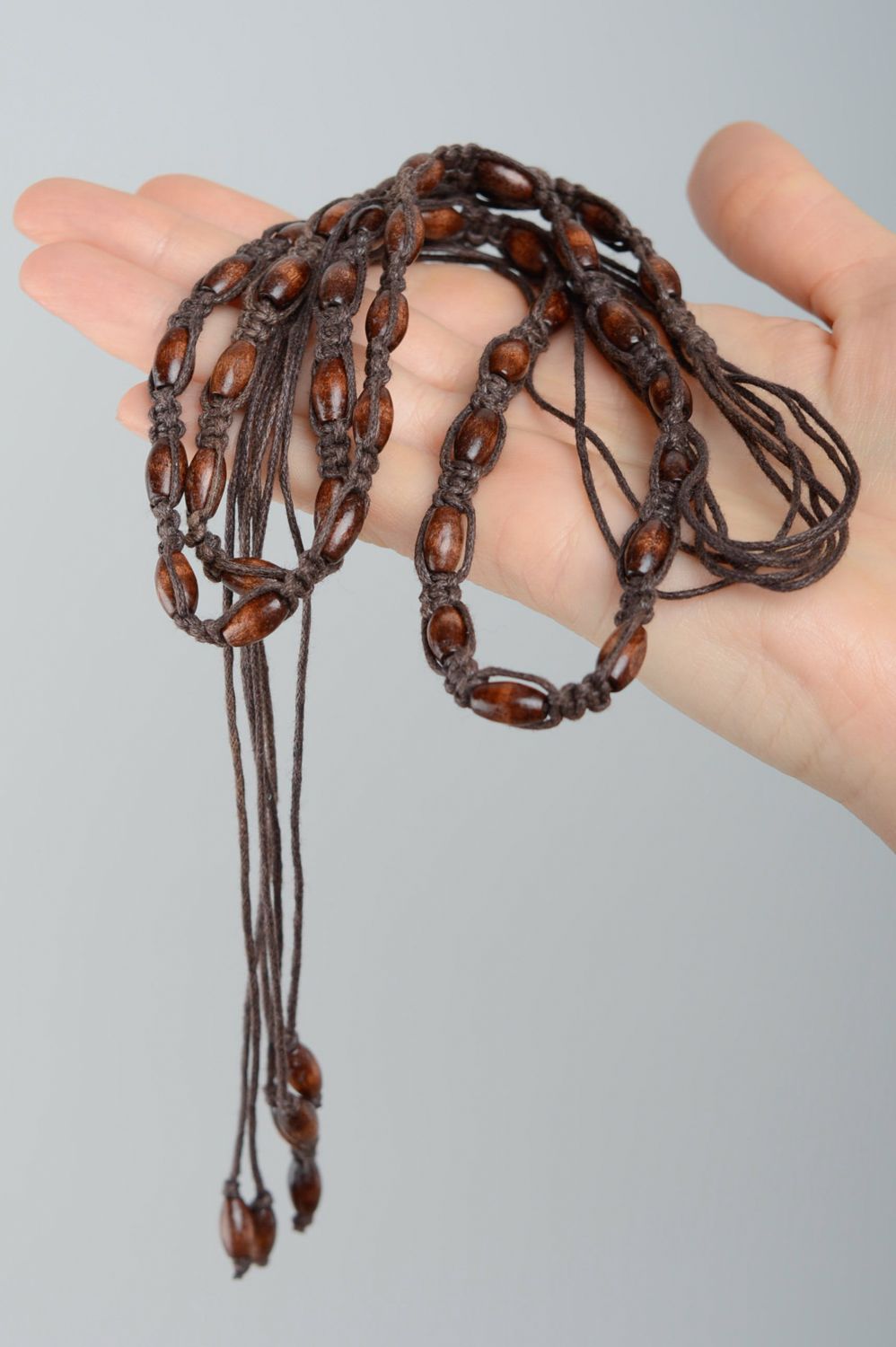 Ceinture en macramé de lacets cirés et perles de bois brune faite main femme photo 3