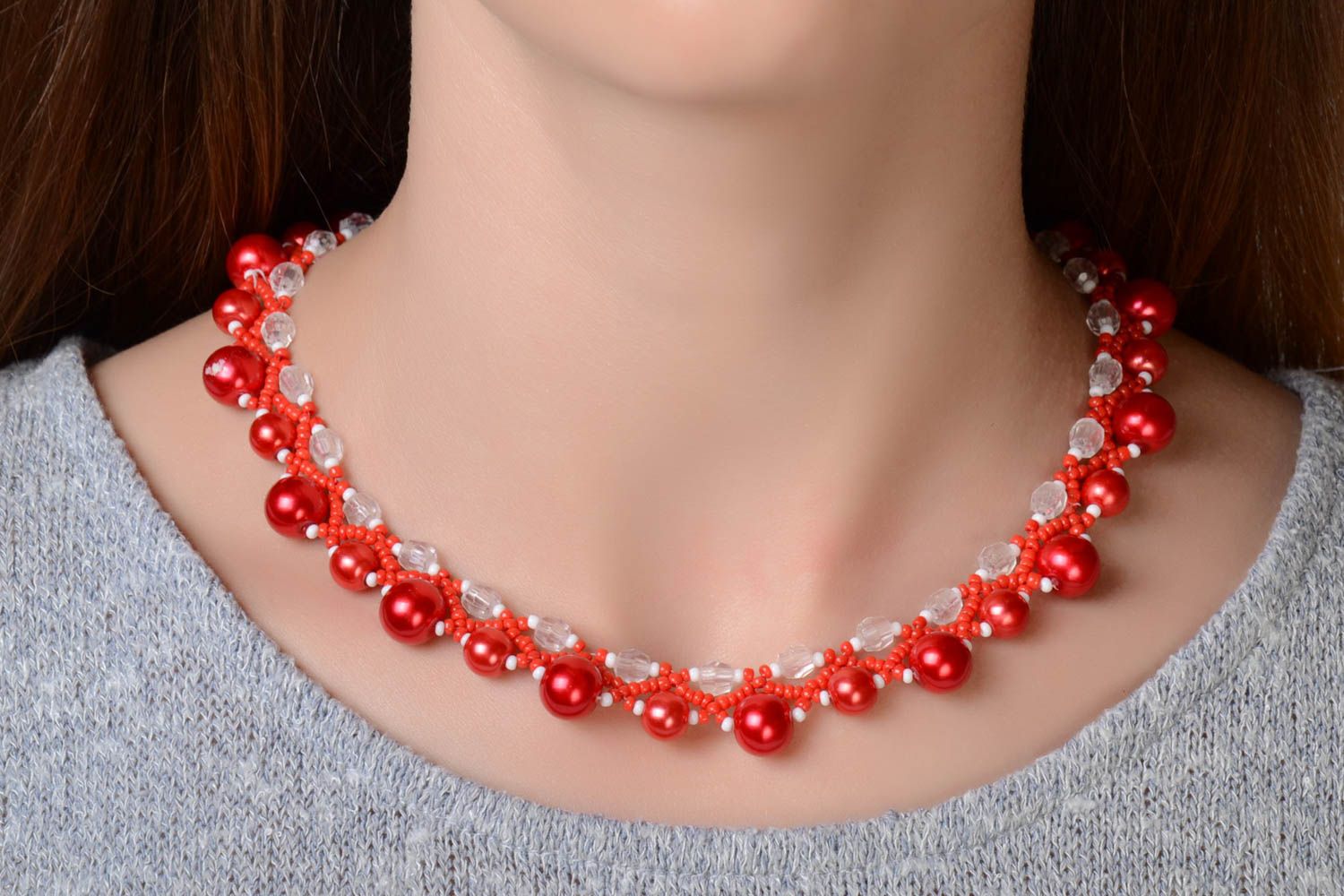 Beautiful unusual handmade red beaded necklace woven of Czech beads photo 1