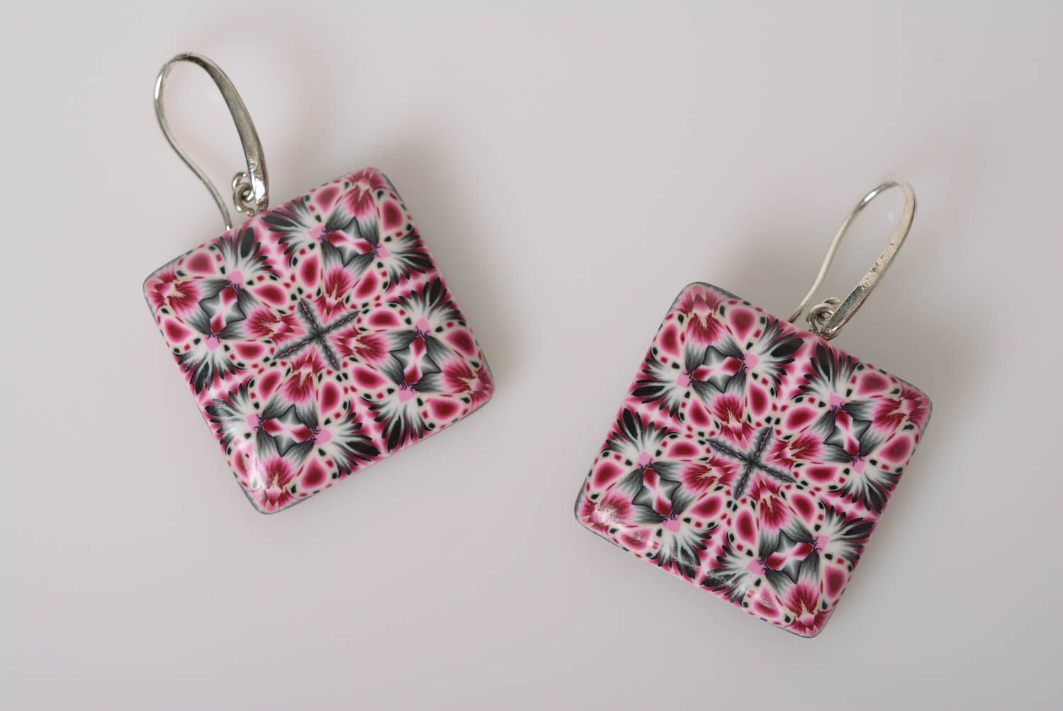 Handmade square polymer clay dangle earrings with colorful geometric ornament photo 5