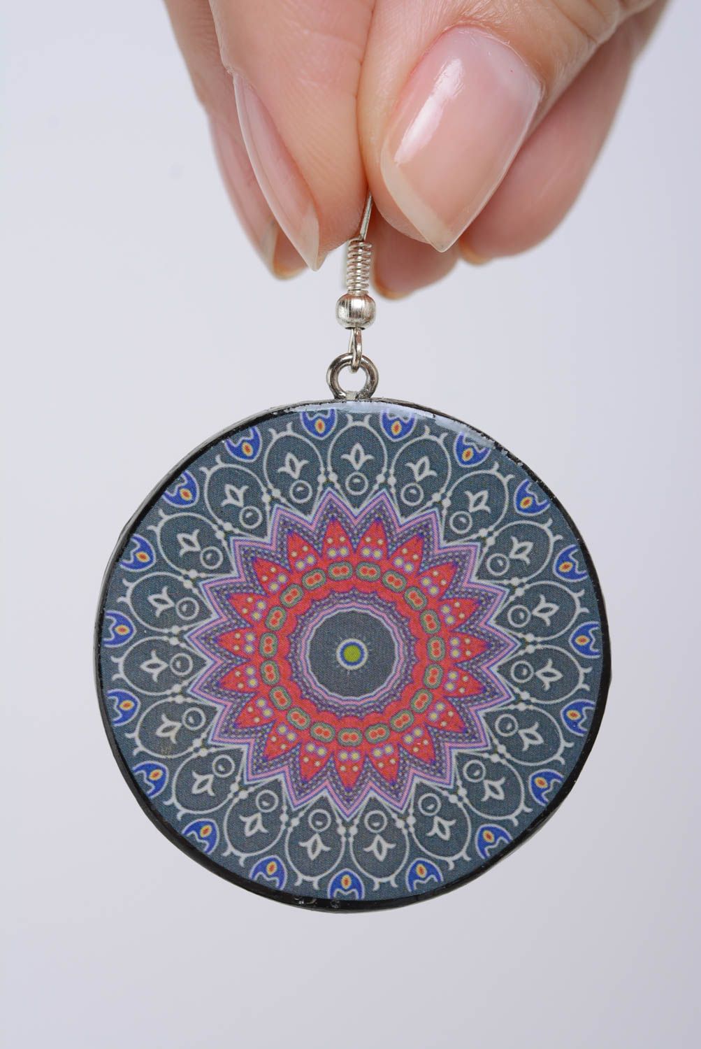 Bright handmade round plastic earrings with ethnic ornament unusual design photo 4