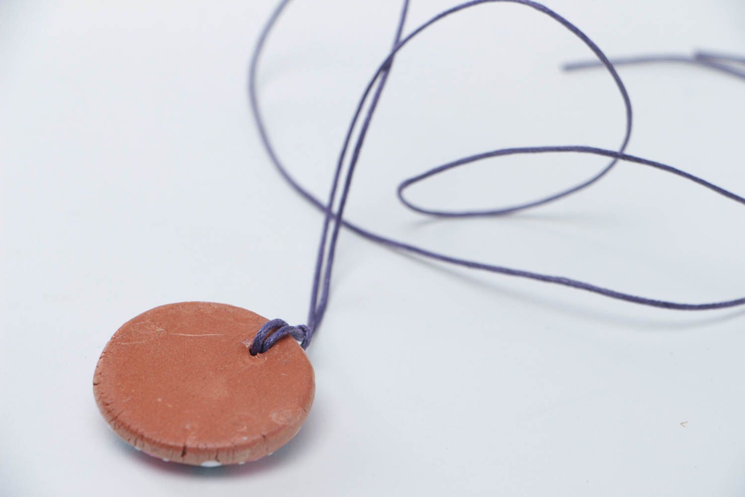 Handmade designer women's round ceramic pendant painted with acrylics on cord photo 4