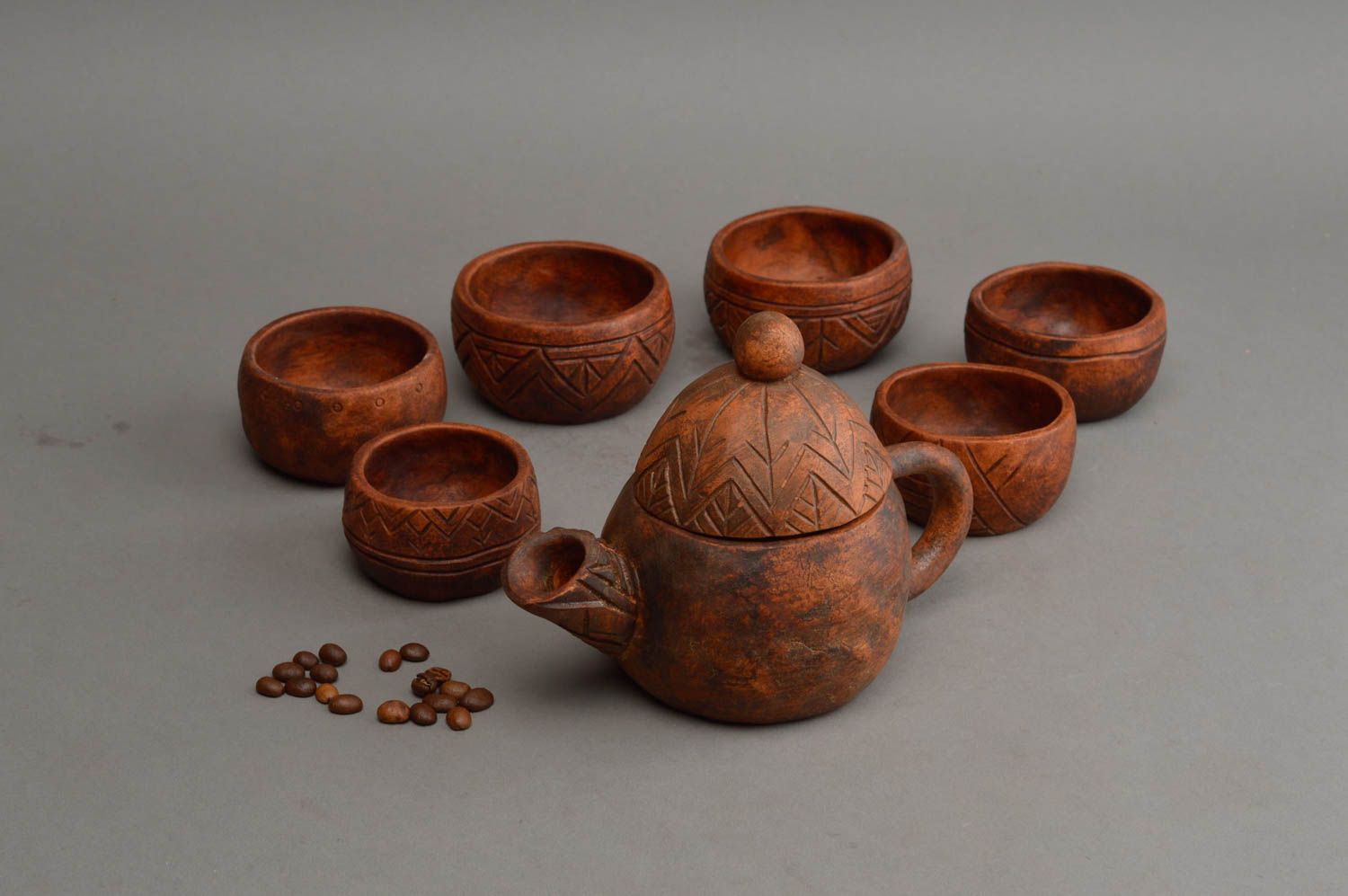 Ensemble céramique 6 petites tasses et théière originale faits main ethnique photo 1