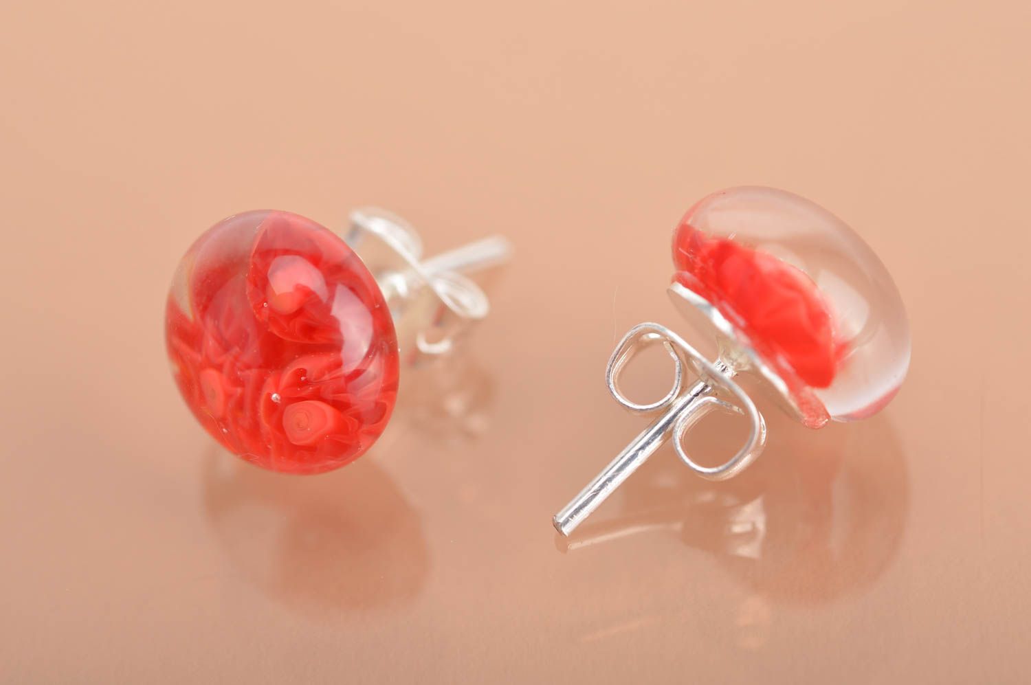 Beautiful red handmade designer millefiori glass earrings with silver fittings photo 5