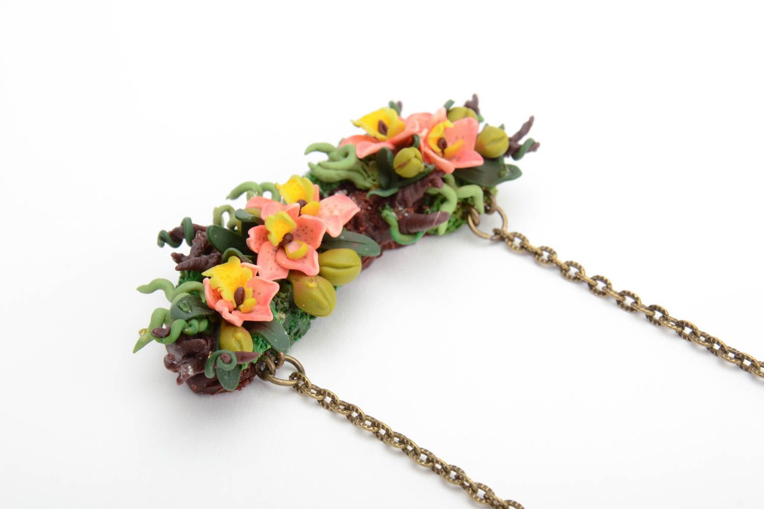 Handmade tender colorful polymer clay flowers pendant necklace on metal chain photo 3