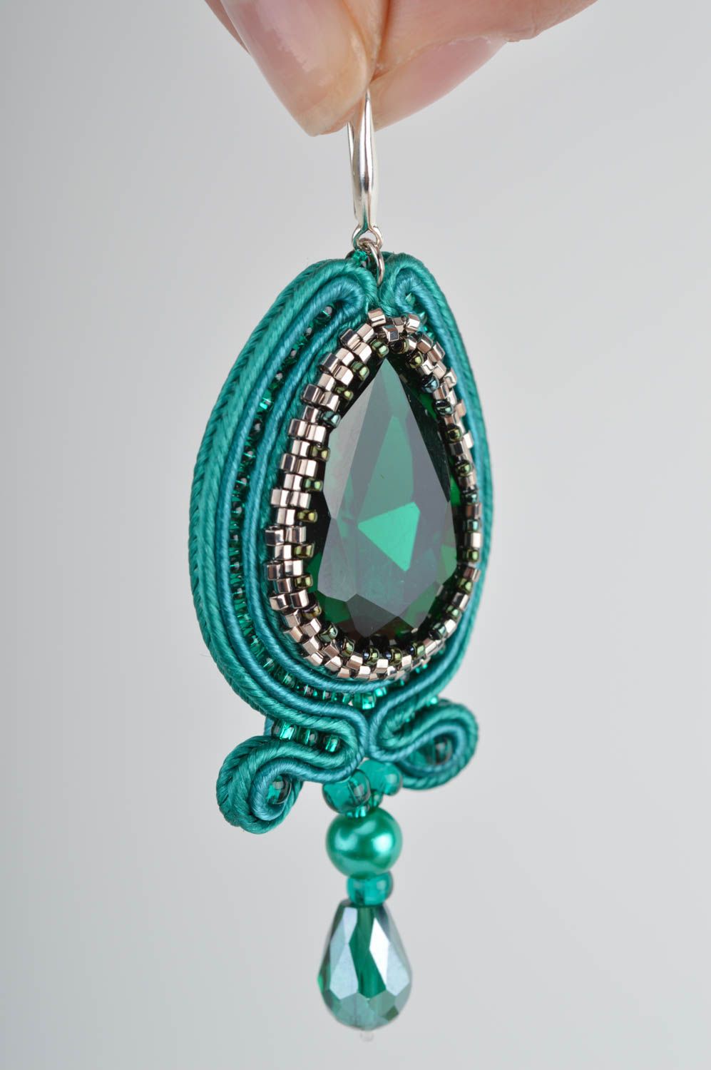 Emerald massive long earrings created manualy using soutache technique  photo 3