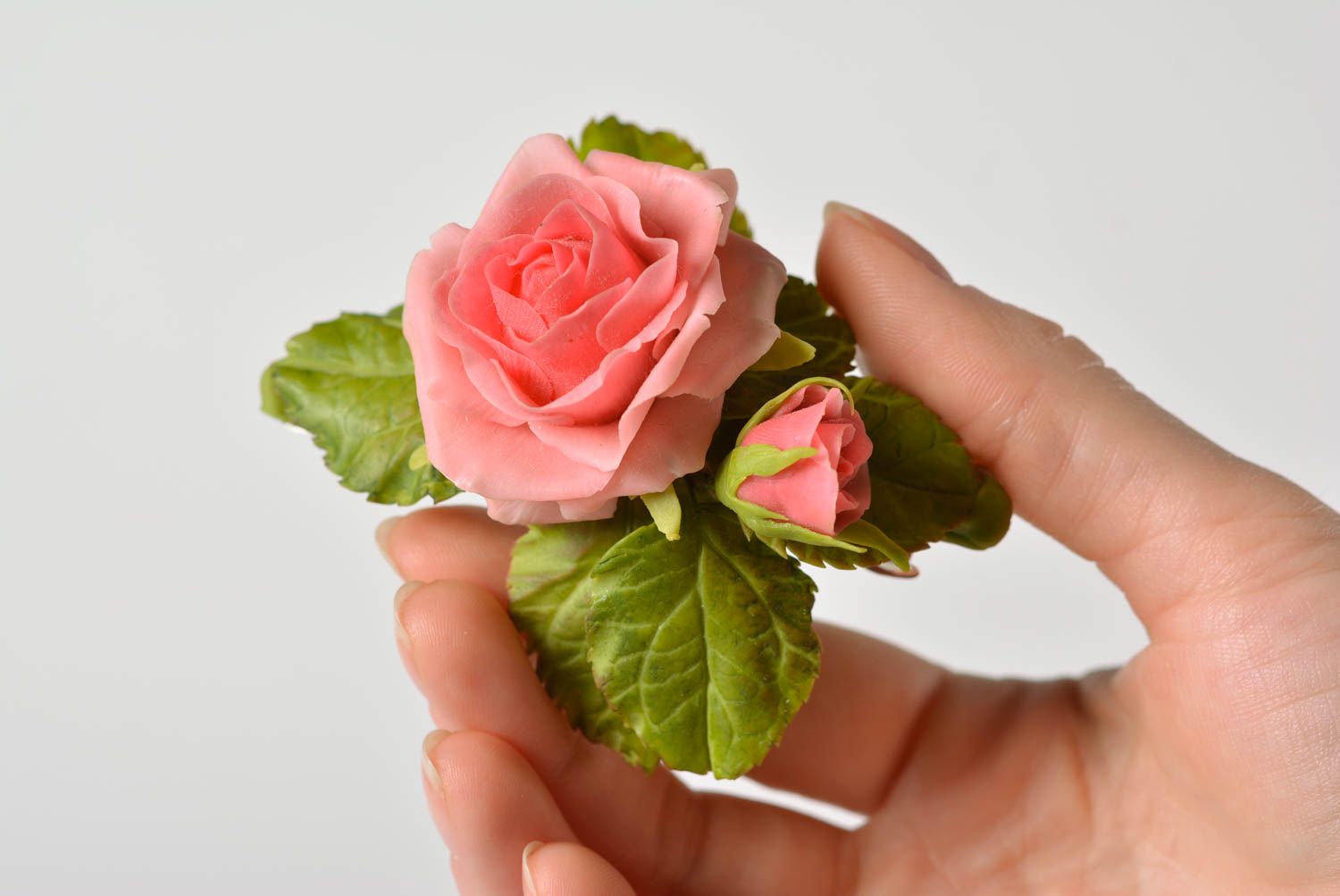 Handmade designer hair clip with polymer clay flower tender pink rose with leaf photo 1