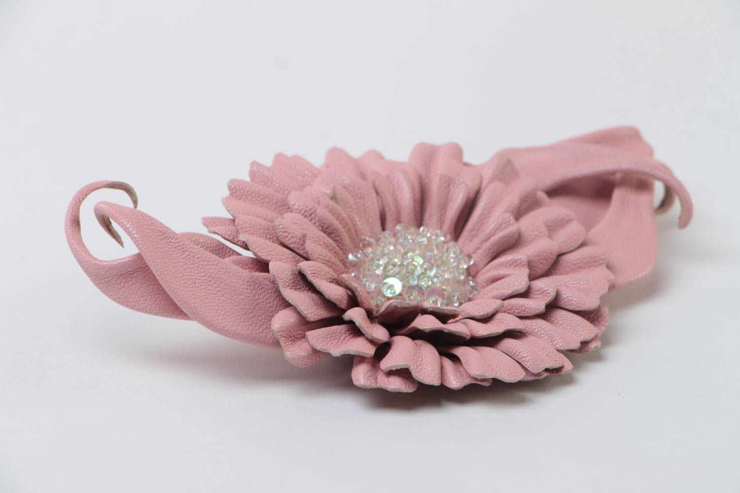 Unusual women's handmade leather flower brooch with pink gerbera photo 3