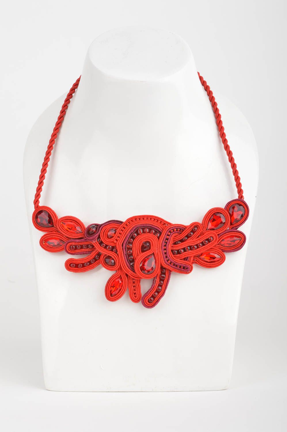 Beautiful handmade red massive textile soutache necklace with beads for women photo 5