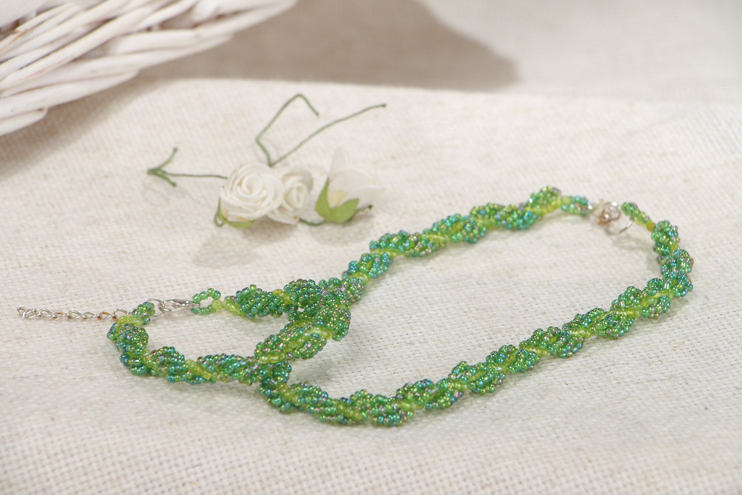 Handmade green woven beaded jewelry set 2 items bracelet and necklace photo 1