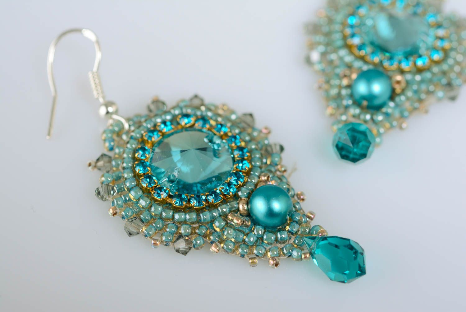 Handmade designer festive blue bead embroidered earrings with rhinestones photo 2