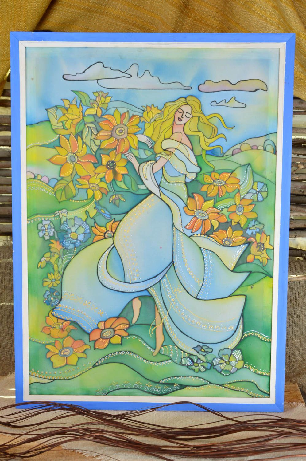 Картина в технике холодный батик тканевая ручной работы Девушка в голубом платье фото 1