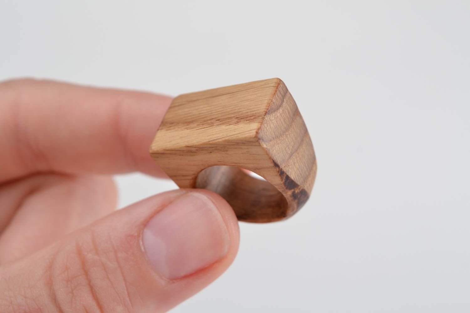Handmade designer laconic jewelry ring carved of natural oak wood for women photo 2