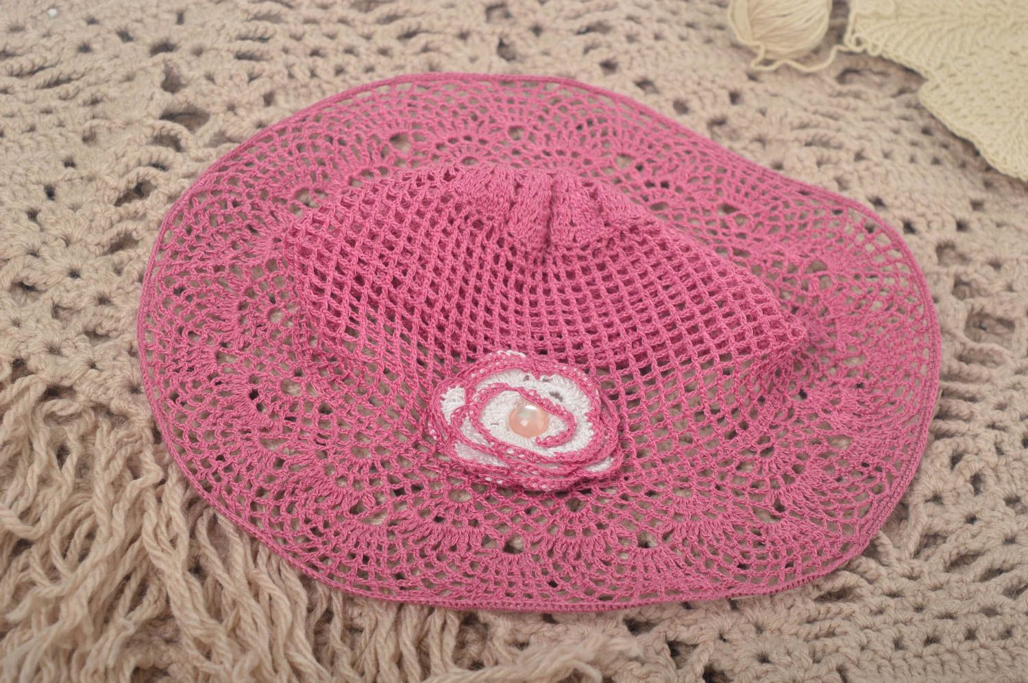 Детская шляпа ручной работы головной убор вязаная шляпа розовая для девочки фото 1