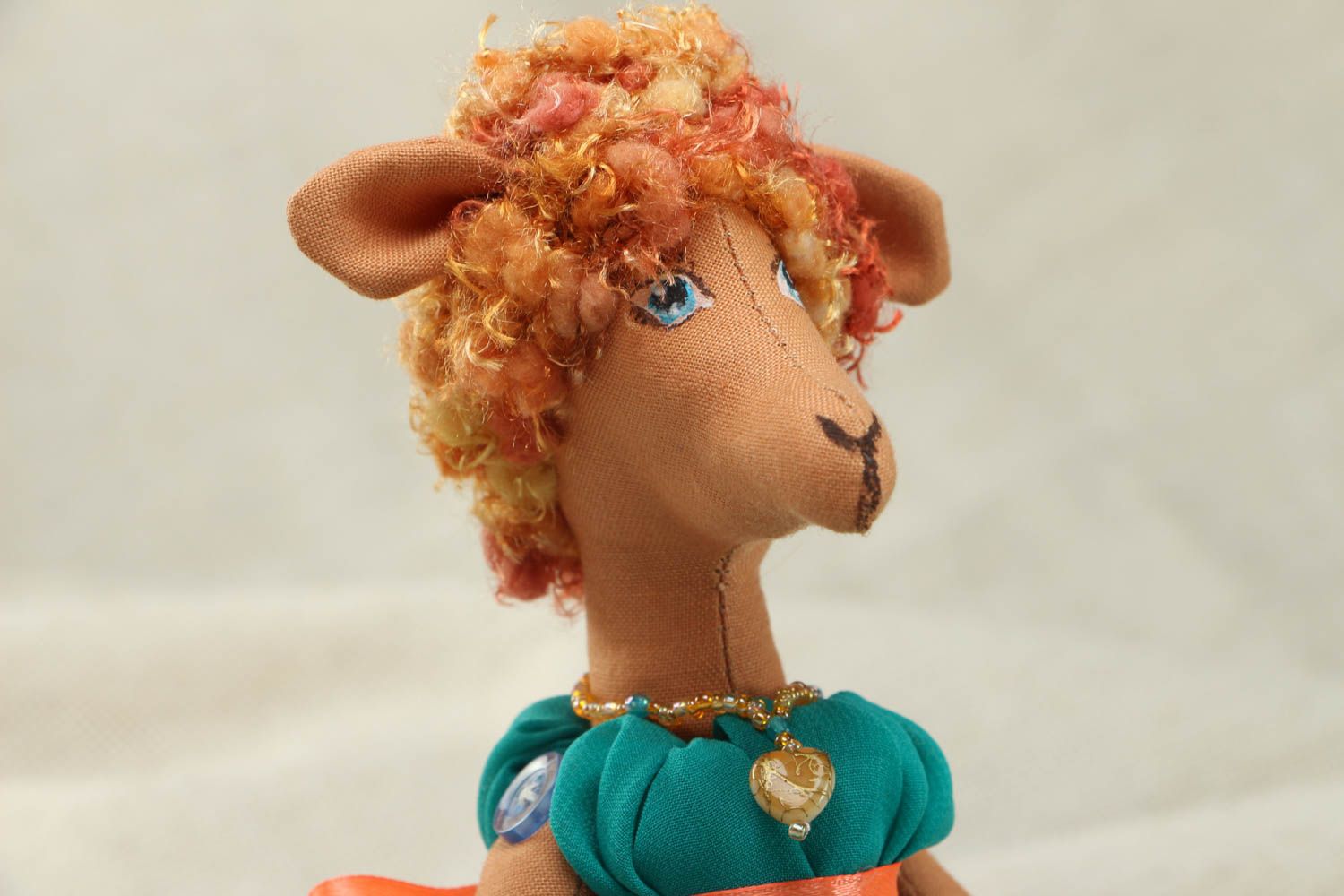 Coarse calico soft toy Sheep in Green Dress photo 2