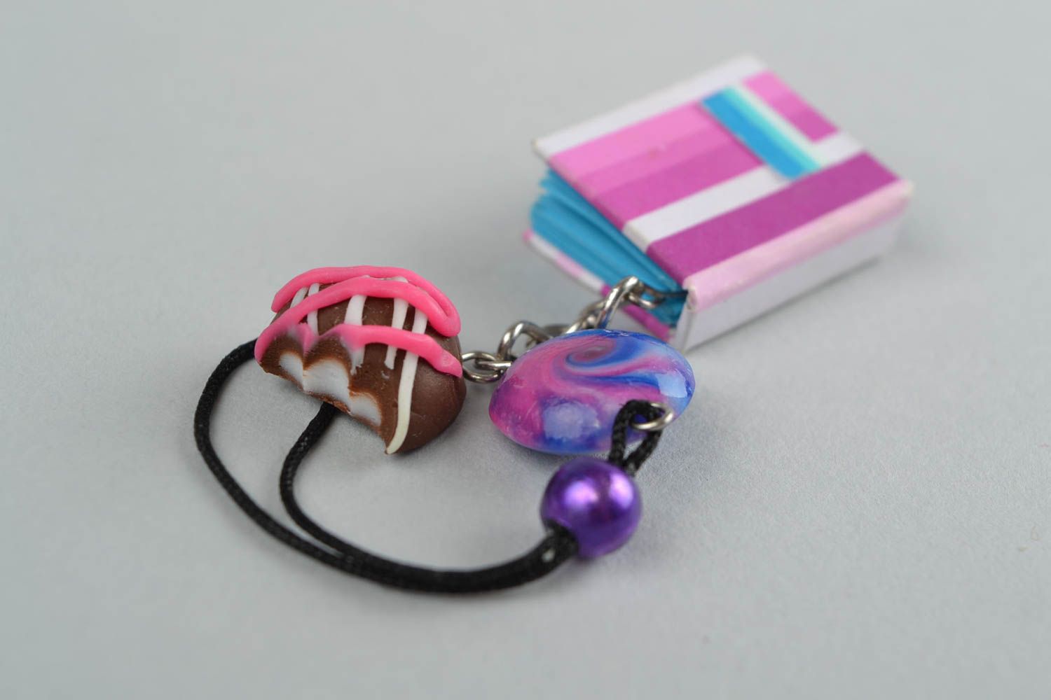 Designer keychain made of polymer clay in the form of book with cookie photo 5