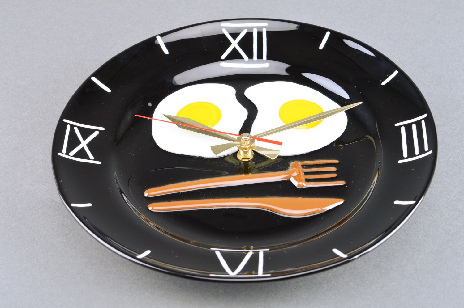 Handmade round black fusing glass wall clock Fried Eggs for kitchen interior photo 2